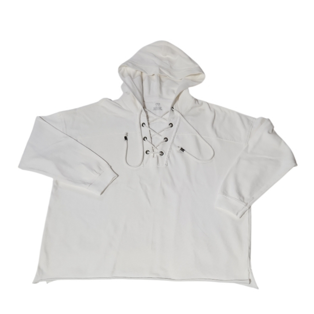 Aerie Soft White Front Lace Up Hooded Sweatshirt Ribbed Cuffs & Rolled Hem (XS) - Picture 6 of 11